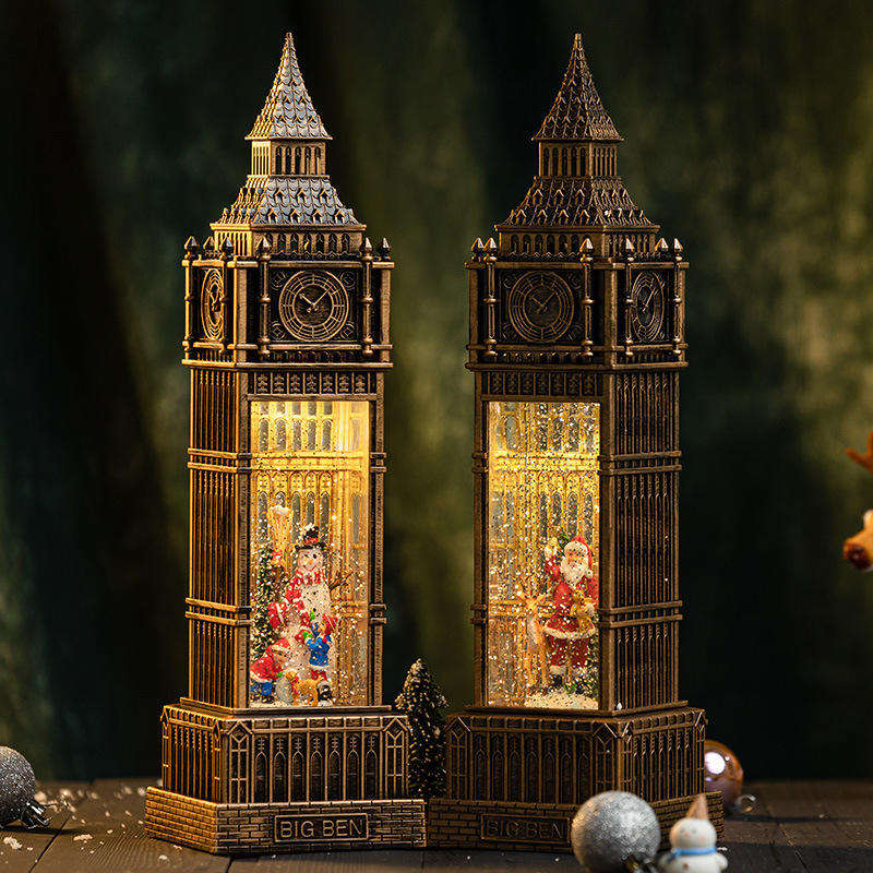 圣诞节大本钟音乐盒飘雪花水晶球八音盒儿童送礼物场景摆件白底实物图