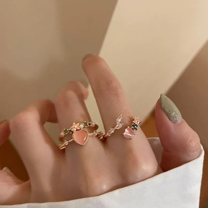 Jade ring, high-end jewelry, pink cat's eye stone accessory, unique personality, ladies' ring, exquisitely handcrafted two-piece set ring