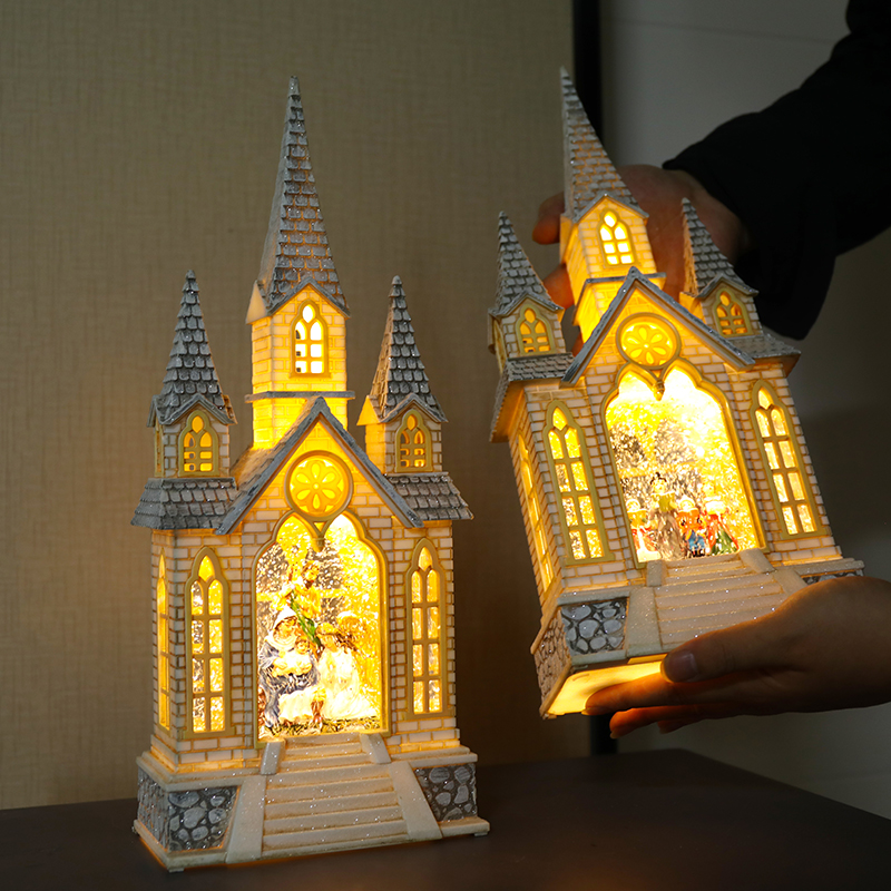 Christmas: Three church music boxes, snowflakes, crystal balls, music boxes, children's gift-giving scene ornaments