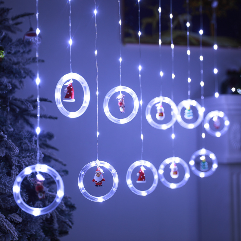 跨境圣诞圆环窗帘灯皮线创意挂件led灯串节日卧室氛围圣诞窗帘灯白底实物图