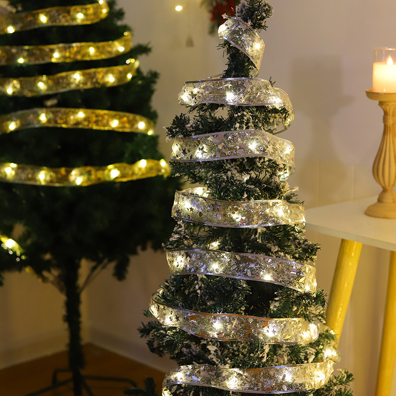跨境圣诞丝带LED灯串圣诞树装饰灯绸缎灯礼物盒子装饰彩带闪灯串细节图
