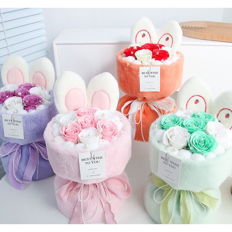 香皂花玫瑰花束 特别礼品永生花礼盒情人节礼物 肥皂花手工制作可爱毛绒花束 香味香皂花 母亲节 圣诞节 新年 生日礼品摆件