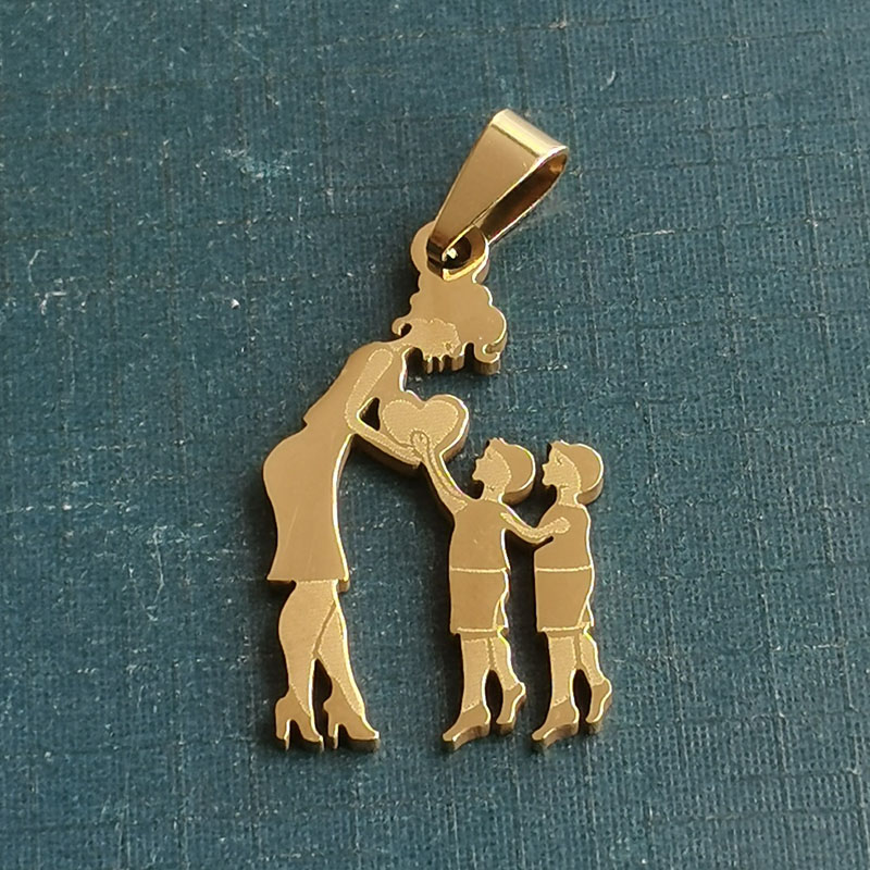 钛钢不锈钢母亲节项链吊坠复古气质妈妈两男孩饰品配件外贸跨境