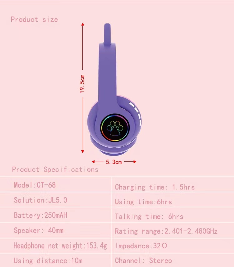 CT-68发光猫耳头戴式蓝牙耳机 蓝牙插卡收音功能无线耳机详情10