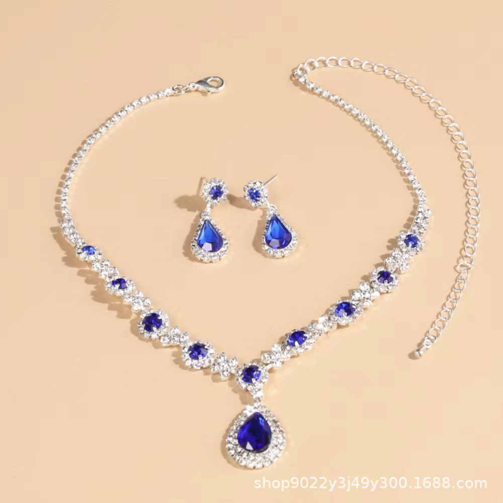 European and American jewelry sets, earrings, pendants, rhinestones, necklaces, women's accessories, royal blue water drop fashion bridal accessories wholesale Specification image