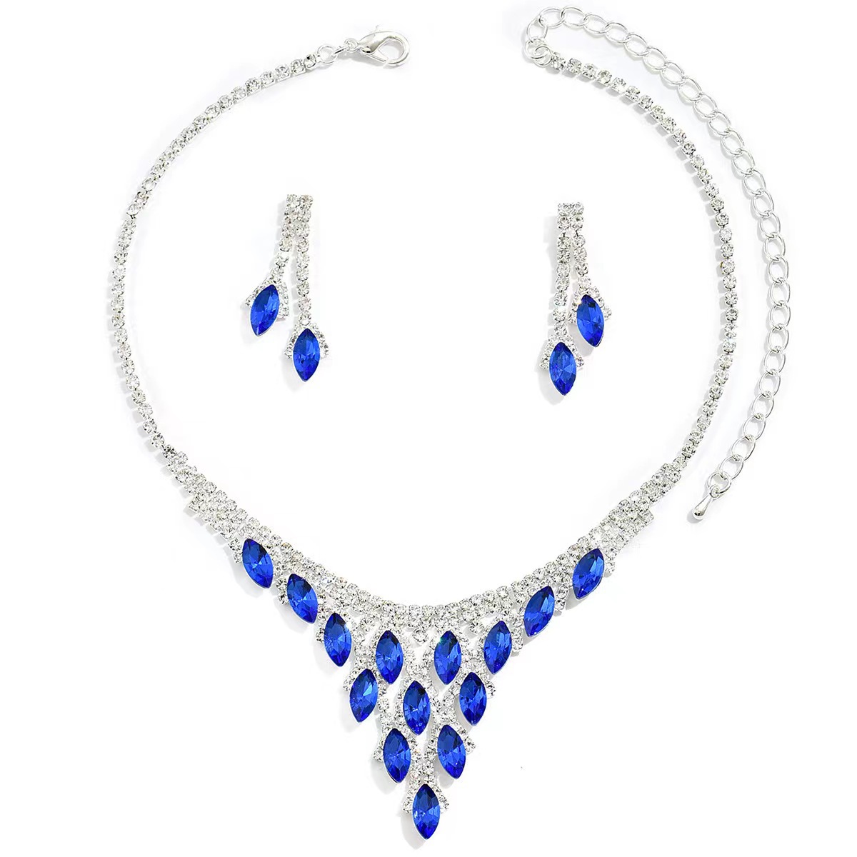 Fashionable, elegant, exquisite, high-end, light luxury blue crystal water diamond necklace, earrings set, women's dress accessories, bride's ornaments details Picture