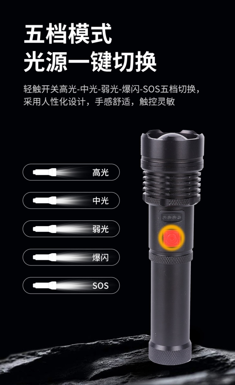 强光铝合金手电筒户外LED应急灯伸缩变焦探照灯多功能小手电筒1132手电家用便携式手电筒USB充电户外探险手电筒详情3