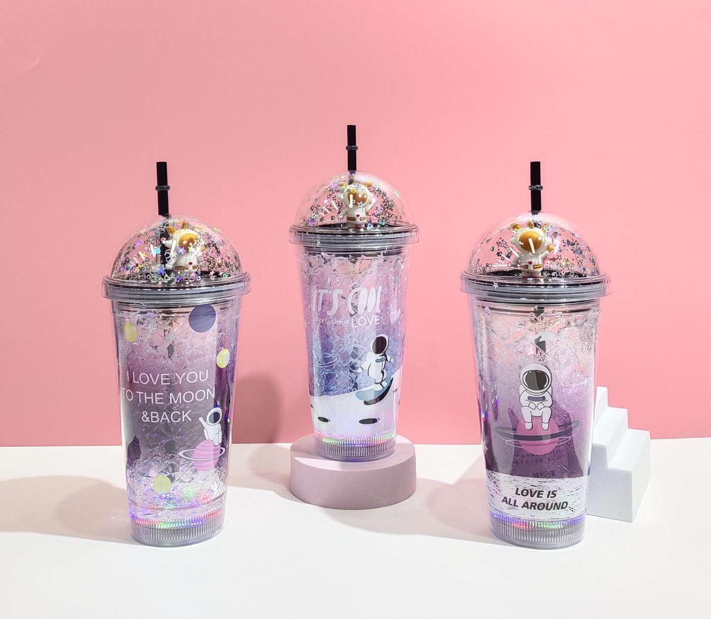 星际漫游双层吸管杯创意礼品宇航员塑料杯子学生夏季简约水杯详情图2