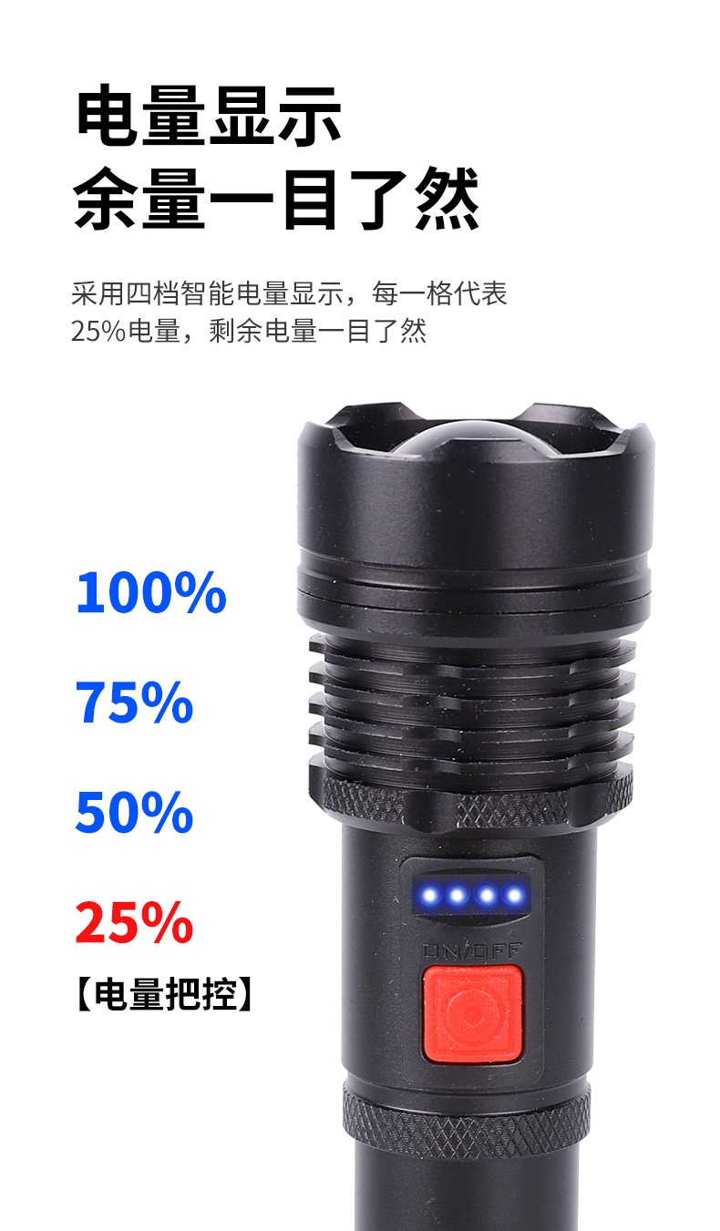 强光铝合金手电筒户外LED应急灯伸缩变焦探照灯多功能小手电筒1132手电家用便携式手电筒USB充电户外探险手电筒详情4