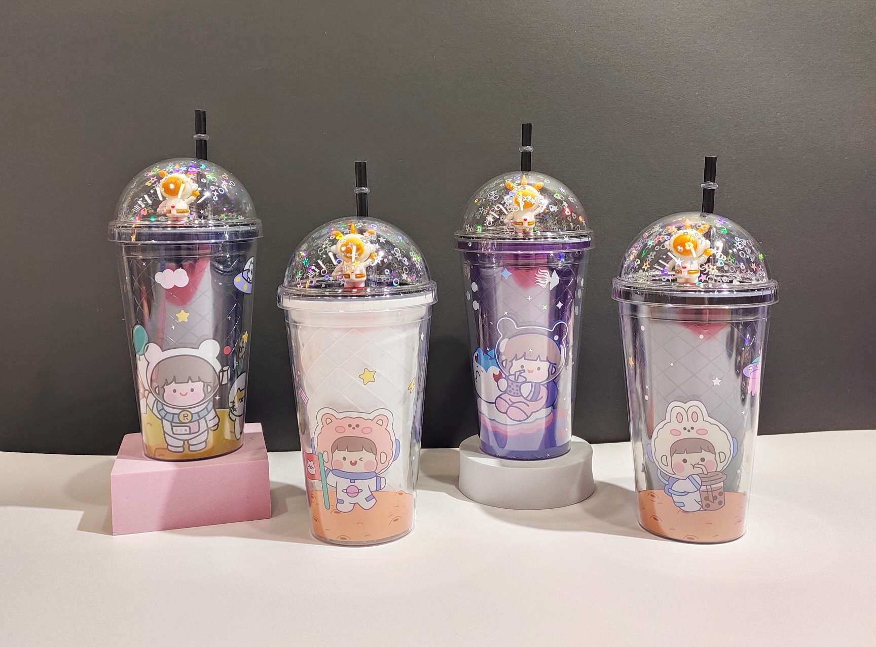 星际漫游双层吸管杯创意礼品宇航员塑料杯子学生夏季简约水杯详情图7