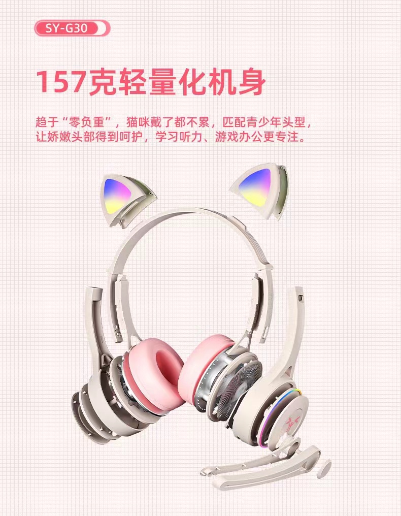 SY-G30可爱猫耳耳机笔记本电脑全民K歌儿童耳机头戴式有线耳麦工详情4