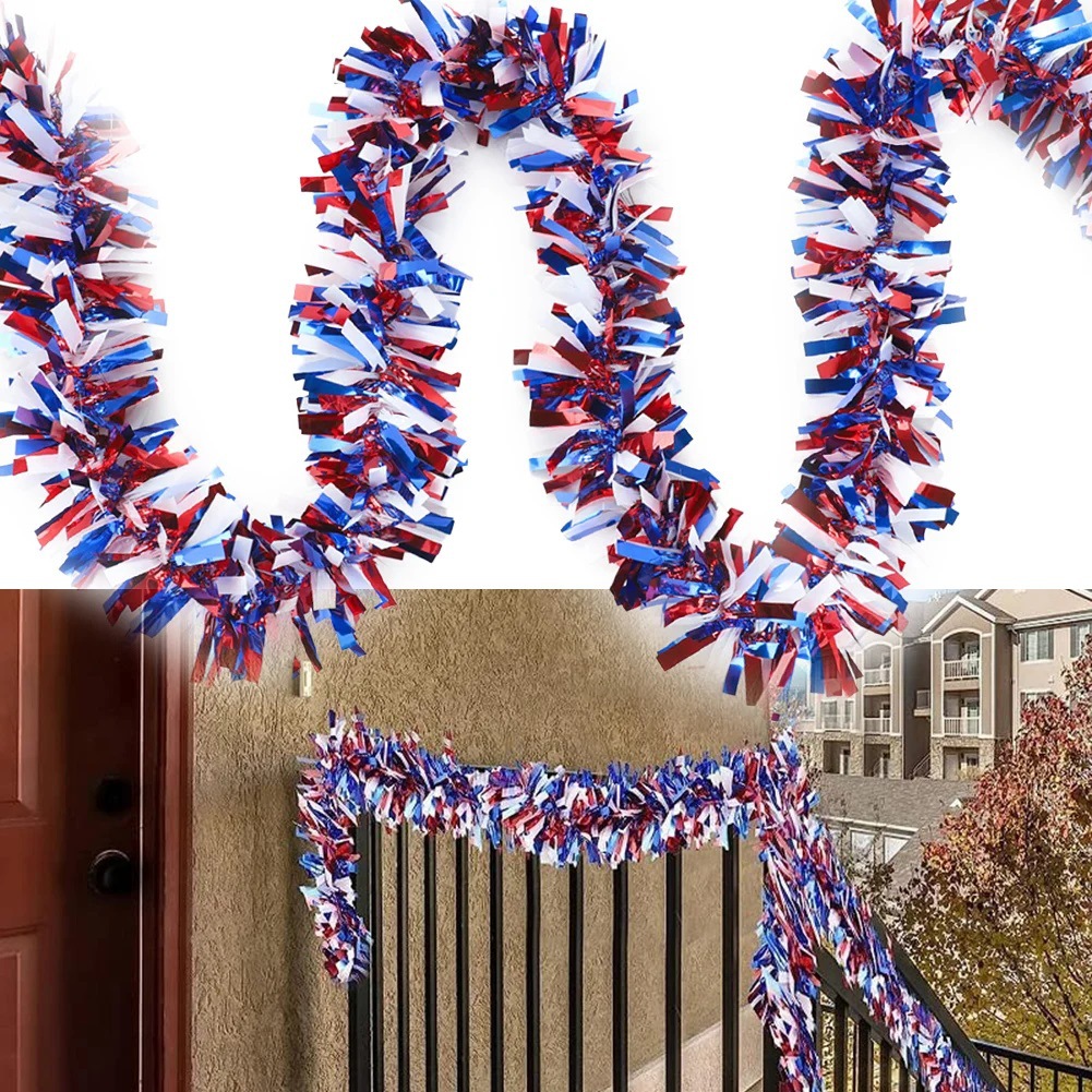 American Independence Day Ribbon Pull Flower, White, Blue And Red Top Layout Three-Color Star Round Piece Color Strip Top Hanging Decorations details Picture