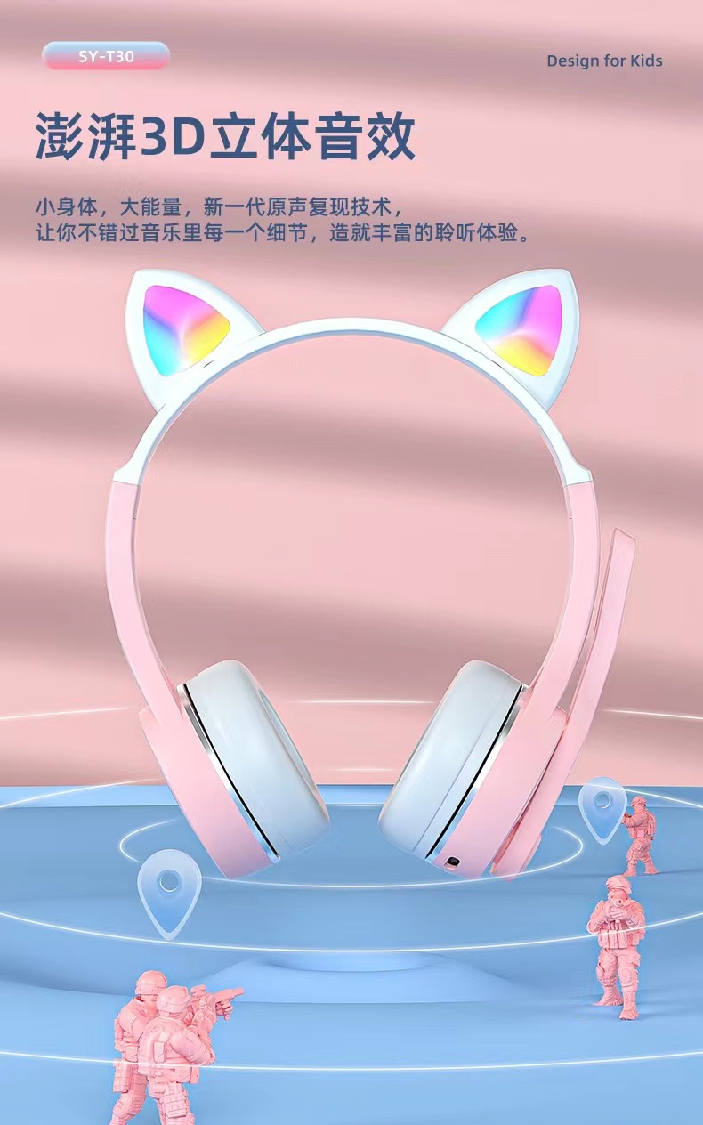 可爱猫耳儿童耳机 蓝牙头戴式网课耳机手机K歌无线耳机批发详情5