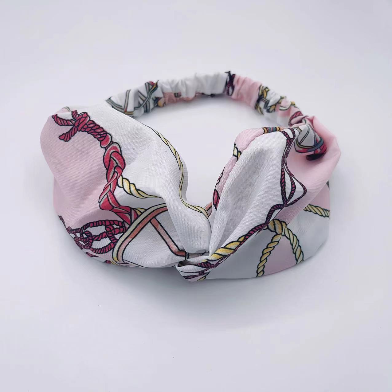 跨境新款时尚百搭印花链条布料松紧交叉头带爆款气质发带发饰发带发带