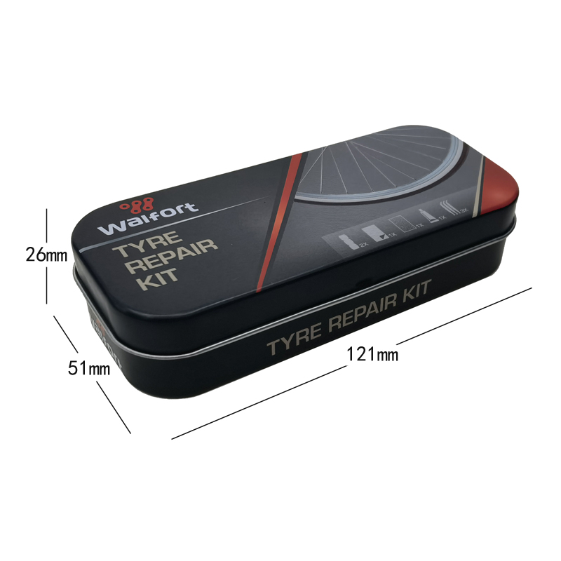 240101 Tin box bicycle tire repair tool set box, tire prying rod, sandpaper, tire emergency repair and repair tools, tire repair pads, glue Specification image