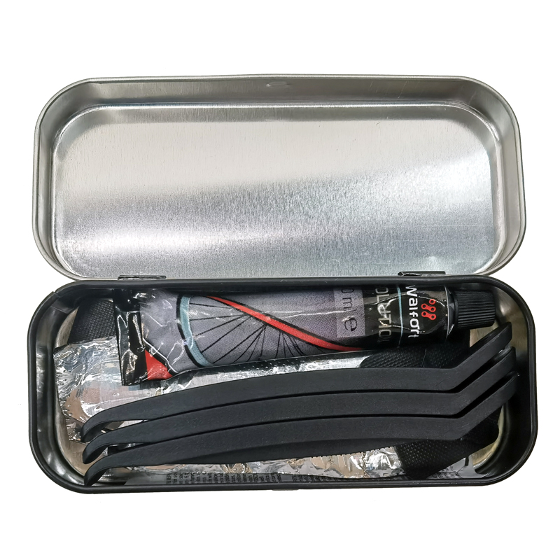 240101 Tin box bicycle tire repair tool set box, tire prying rod, sandpaper, tire emergency repair and repair tools, tire repair pads, glue details Picture