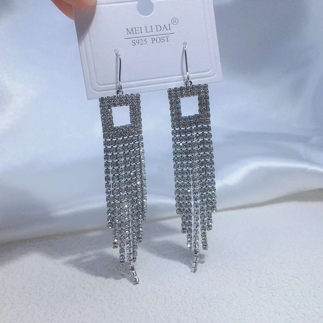 长款流苏耳环女锆石爪链闪亮高级感耳饰适用于派对宴会婚礼银针耳环详情图5