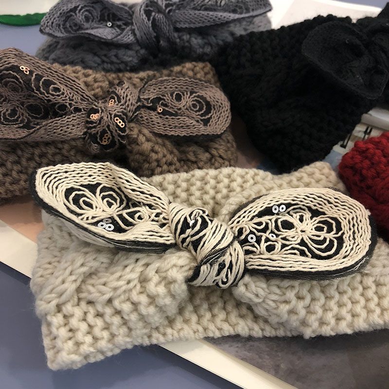 Korean internet-famous knitted woolen bow, sequined, fashionable and sweet, elastic hair band, headband, trendy hair accessories for women Specification image