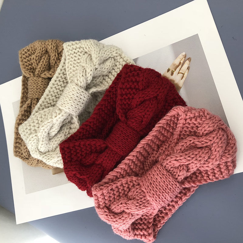 Solid color versatile knitted hair band, bow, woolen headband, ear protectors, handcrafted warm hair accessory, women's autumn and winter hair band details Picture