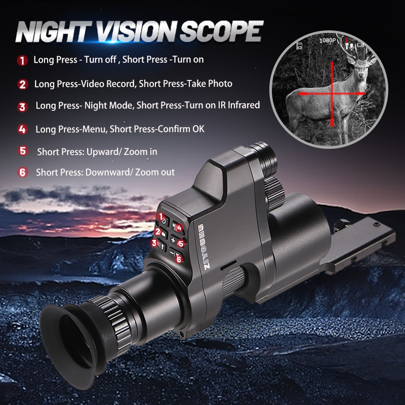 NV4B Clip-on Night Vision Scope Device Round Screen Crosshair 4X Zoom HD Video Camera Attach Night Hunting IR Digital Monocular Application Scenario