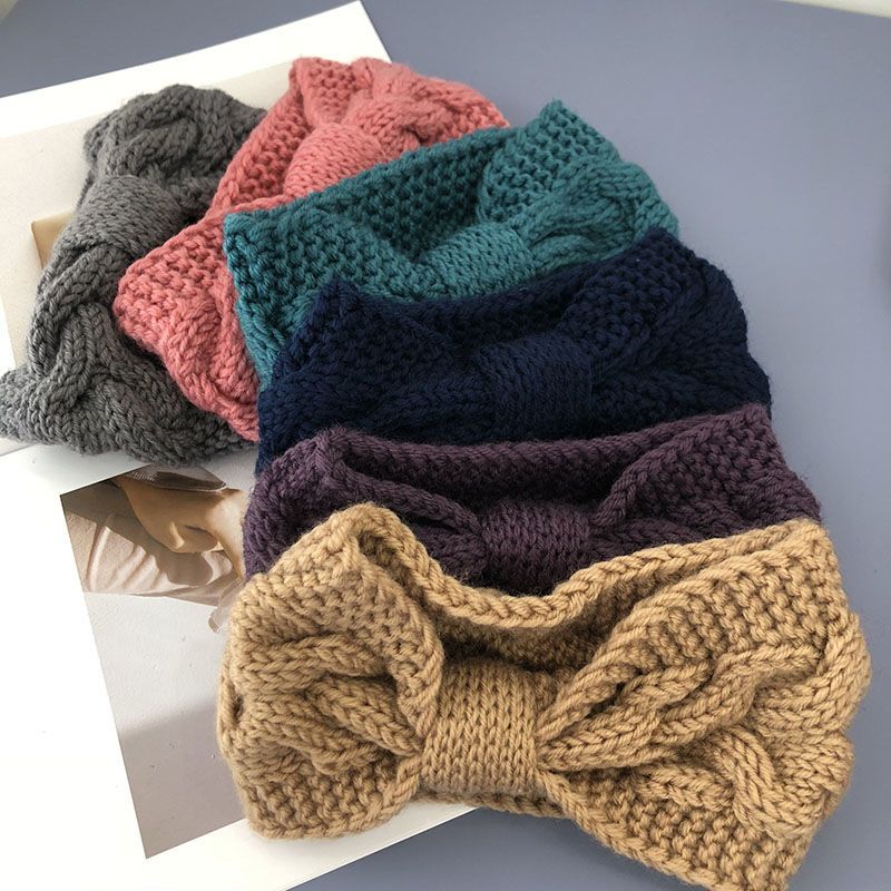Solid color versatile knitted hair band, bow, woolen headband, ear protectors, handcrafted warm hair accessory, women's autumn and winter hair band