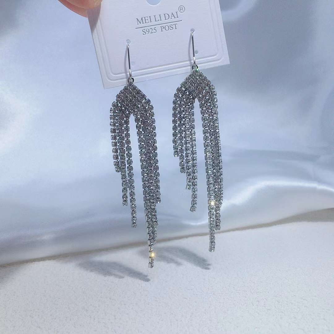 长款流苏耳环女锆石爪链闪亮高级感耳饰适用于派对宴会婚礼银针耳环详情图6