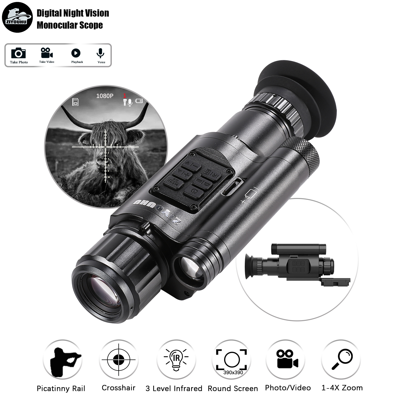 New Clip-on HD Monocular Night Vision Device Infrared Video Camera Crosshair Cursor NV Hunting Night Vision Scope,Lens Optional full figure