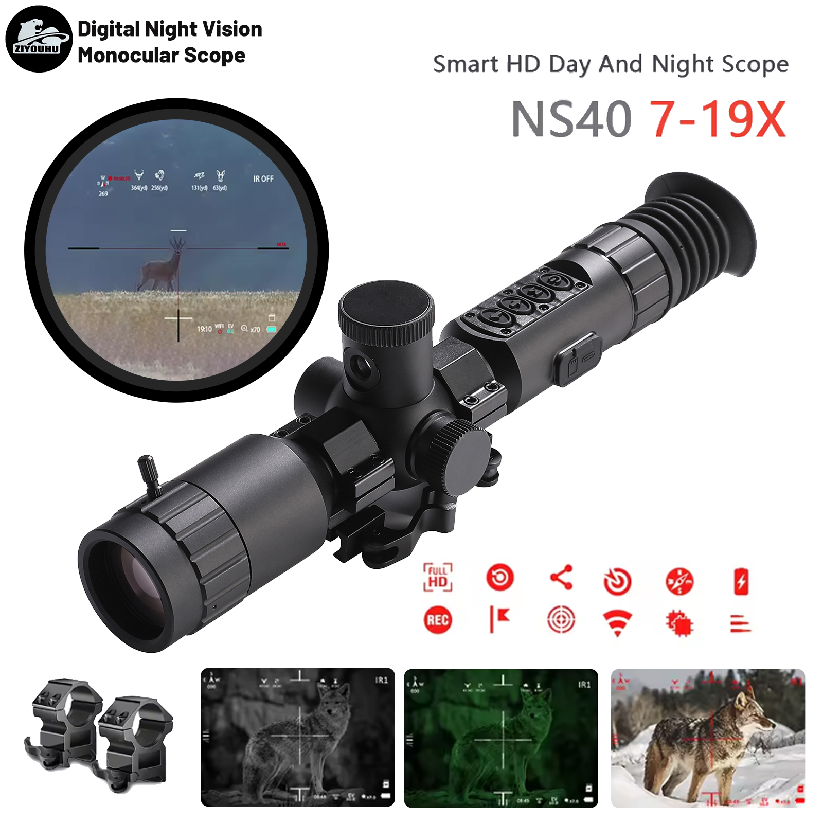 New NS40 Digital Night Vision Scope Built Gyro Tacticle Crosshair Software Ranging 1080p Video IR Camera 7-19X Hunting Monocular full figure