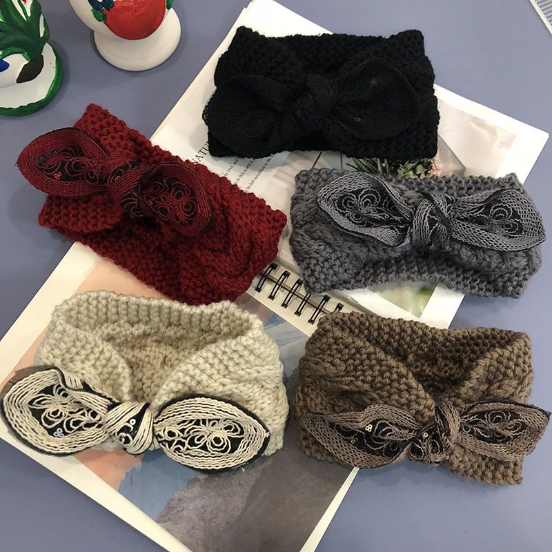 Korean internet-famous knitted woolen bow, sequined, fashionable and sweet, elastic hair band, headband, trendy hair accessories for women
