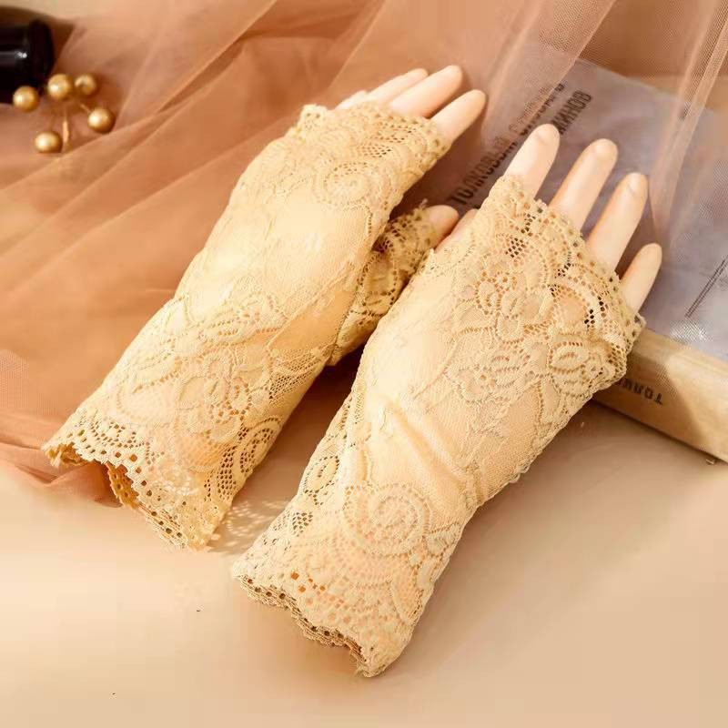 蕾丝网纱婚庆婚礼结婚新娘手套轻薄透气四季可戴宫廷风复古派对活动日常防晒手套半指露指防紫外线