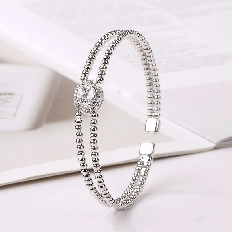 2024新款时尚精致高品质开口手镯双层铜珠设计微镶AAA锆石圆形手镯女孩节日生日礼物