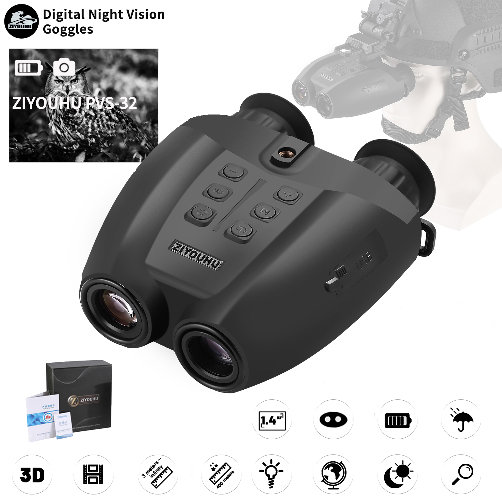New Tacticle Helmet Night Vision Goggles HD 1080P Video Camera 8X Zoom NVG Mount Head Mounted Hunting Infrared Night Binoculars full figure