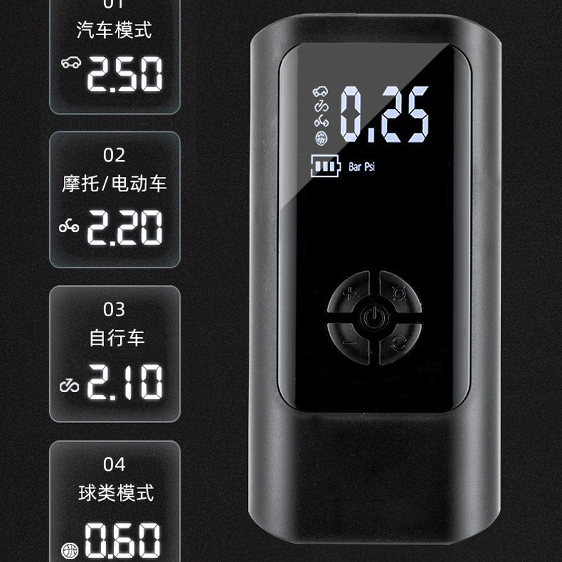 PR-F1901汽车电动充气泵电动打气筒便携式迷你电动自行车轮胎打气筒气泵手持无线充电数显汽车载充气泵白底实物图