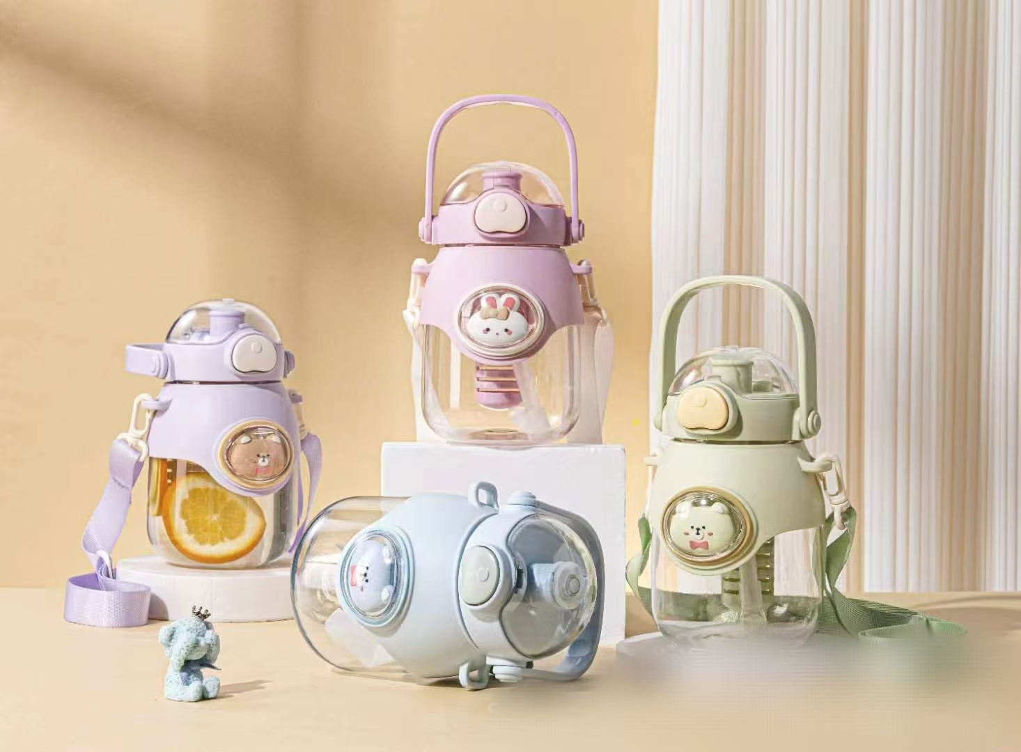 EYUN义云   可爱儿童水壶学生水杯吸管杯女生斜挎背带水壶塑料杯子便携