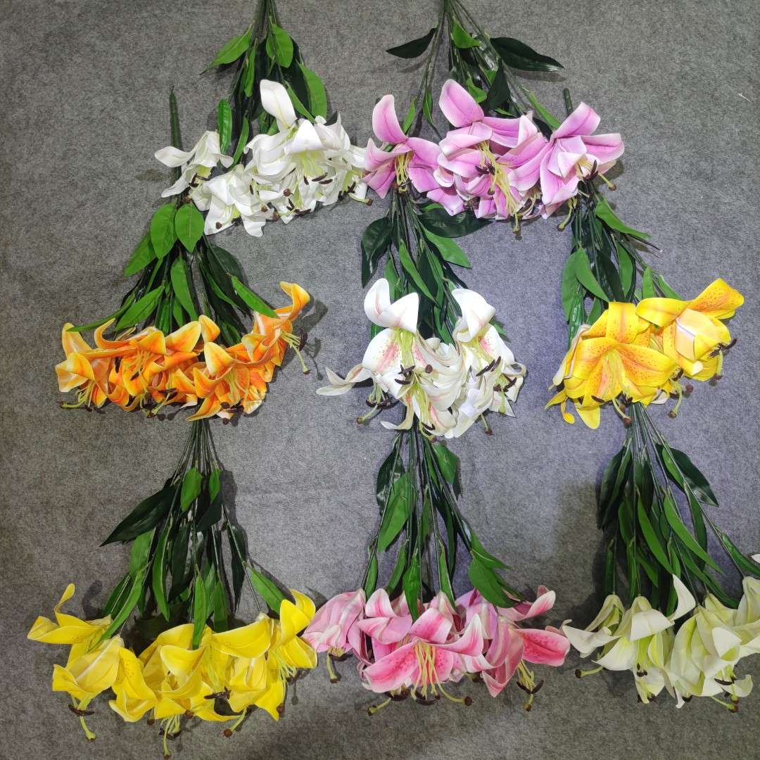 Simulación de boda flores 3D handfeel simulación de lirios 3 cabeza handfeel lirios cielo verde boda flores falsas flores seda detail image 3