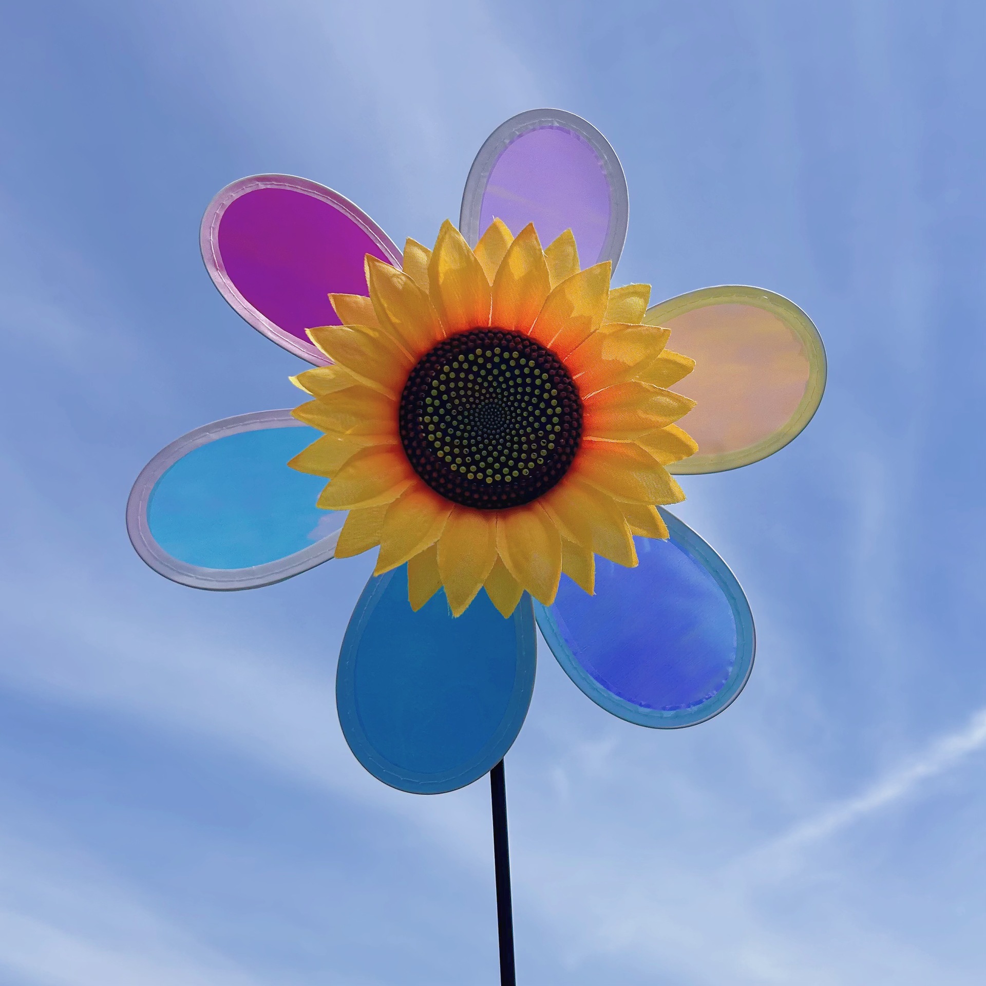 新款单层炫彩太阳花小风车六彩彩膜变色儿童玩具地摊神器热卖图