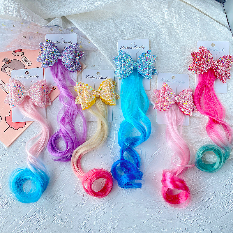 Amazon cross-border children's wig pieces, colorful wig pieces, colorful woven children's wig accessories, cute bows Specification image