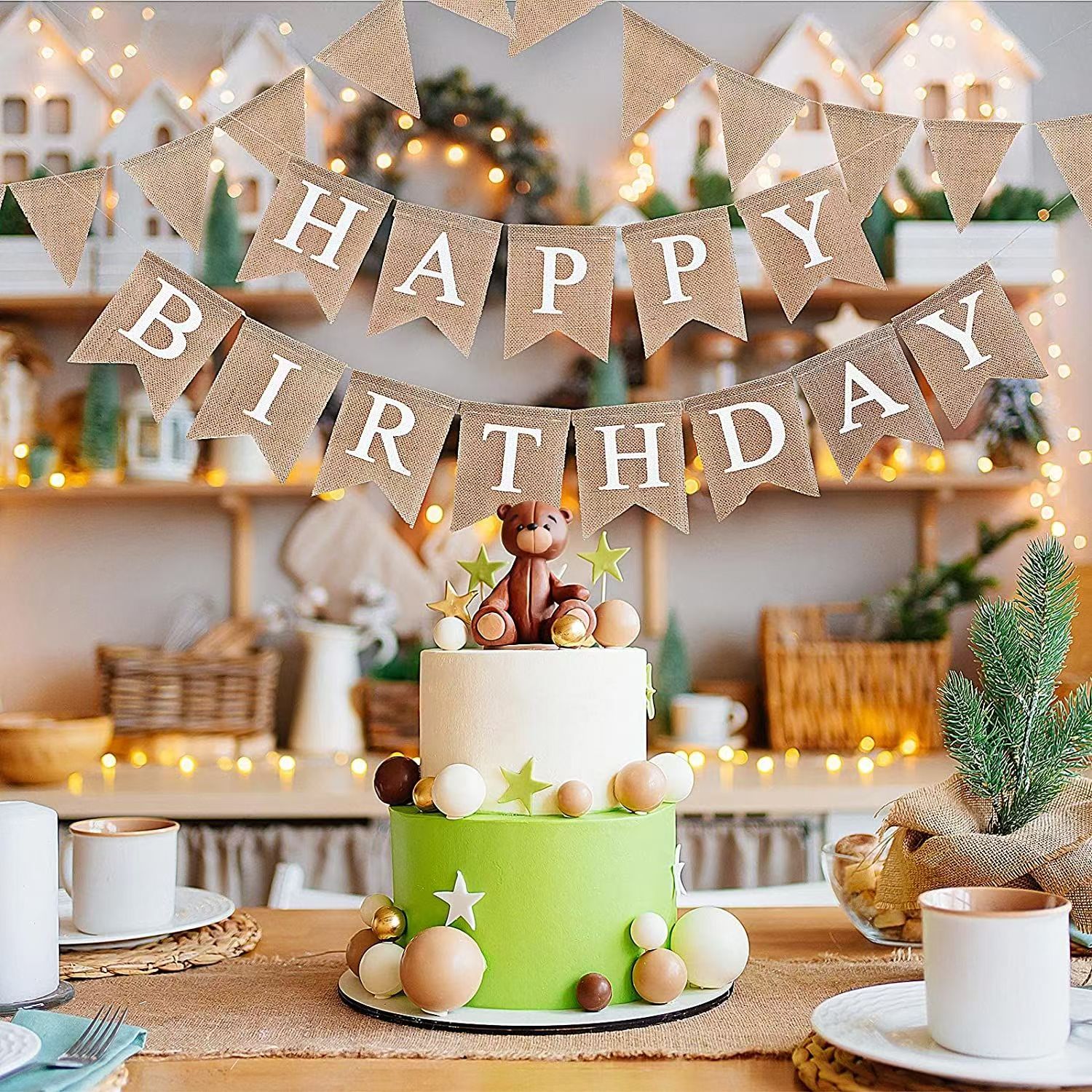 The background wall is decorated with flowered and colorful flags for the 100-day birthday party of babies and children in linen and swallowtail flags Specification image
