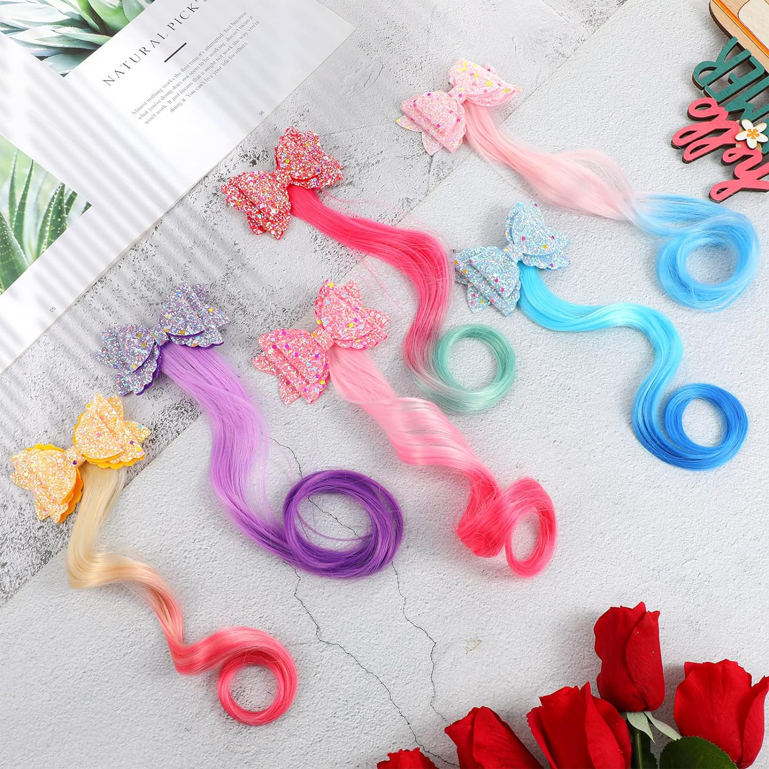 Amazon cross-border children's wig pieces, colorful wig pieces, colorful woven children's wig accessories, cute bows details Picture