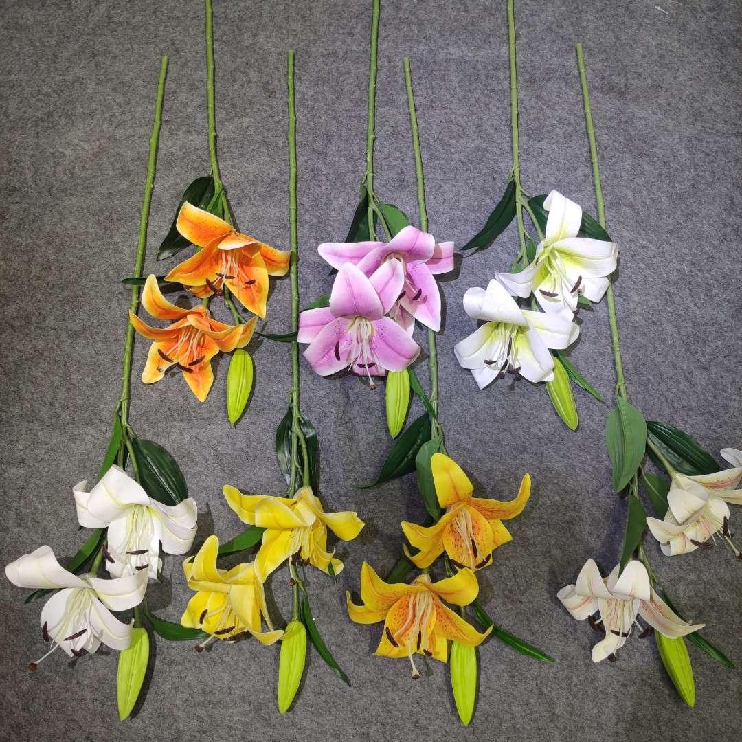 Simulación de boda flores 3D handfeel simulación de lirios 3 cabeza handfeel lirios cielo verde boda flores falsas flores seda detail image 8