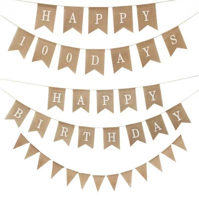 The background wall is decorated with flowered and colorful flags for the 100-day birthday party of babies and children in linen and swallowtail flags Application Scenario