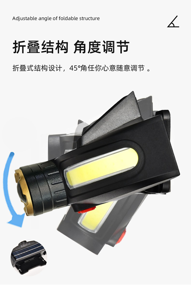 JS-923伸缩款头灯USB充电太阳能头灯 COB头灯 轻型LED泛光 户外野营头戴式强光塑料头灯矿灯详情6