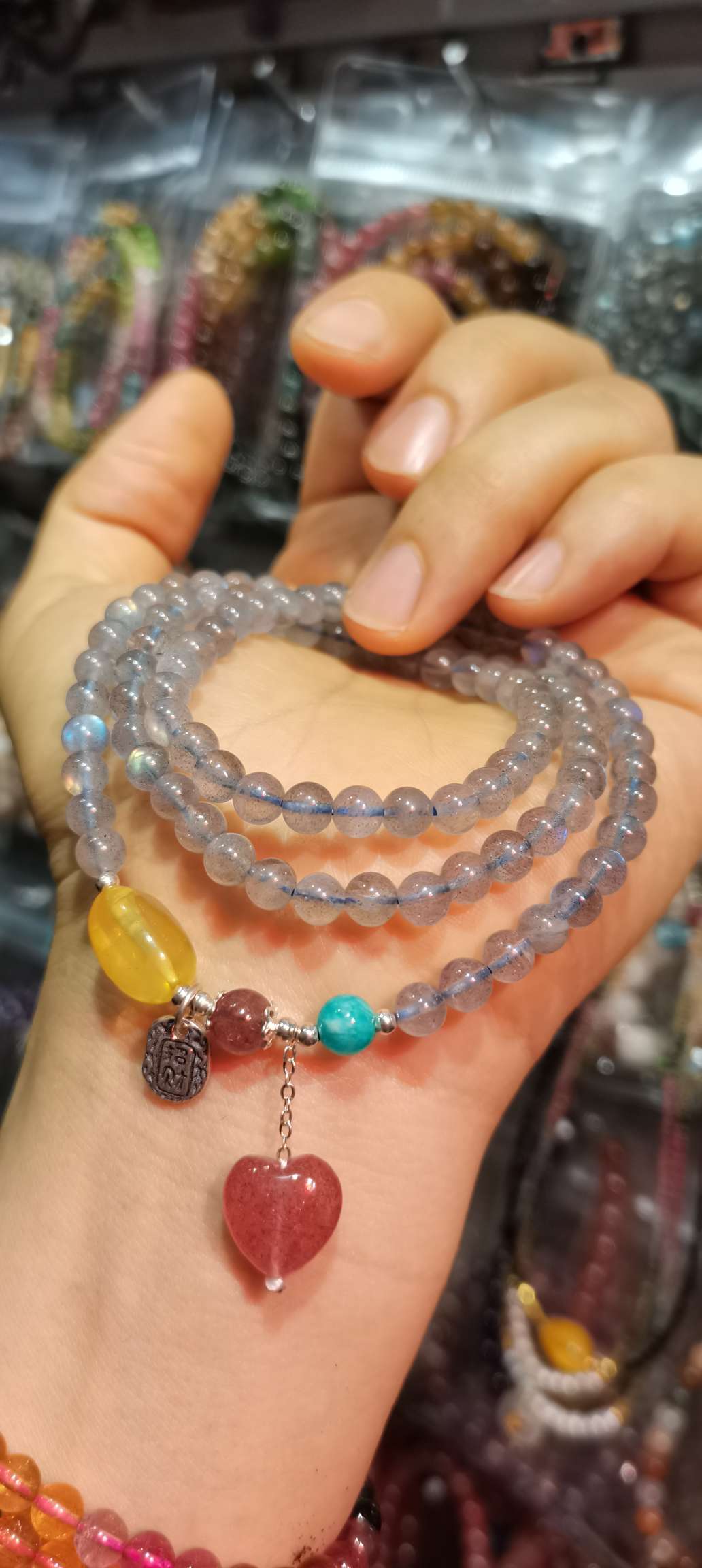 灰月光拉长石成品手串，3圈设计，搭配s925配件，项链国潮系列