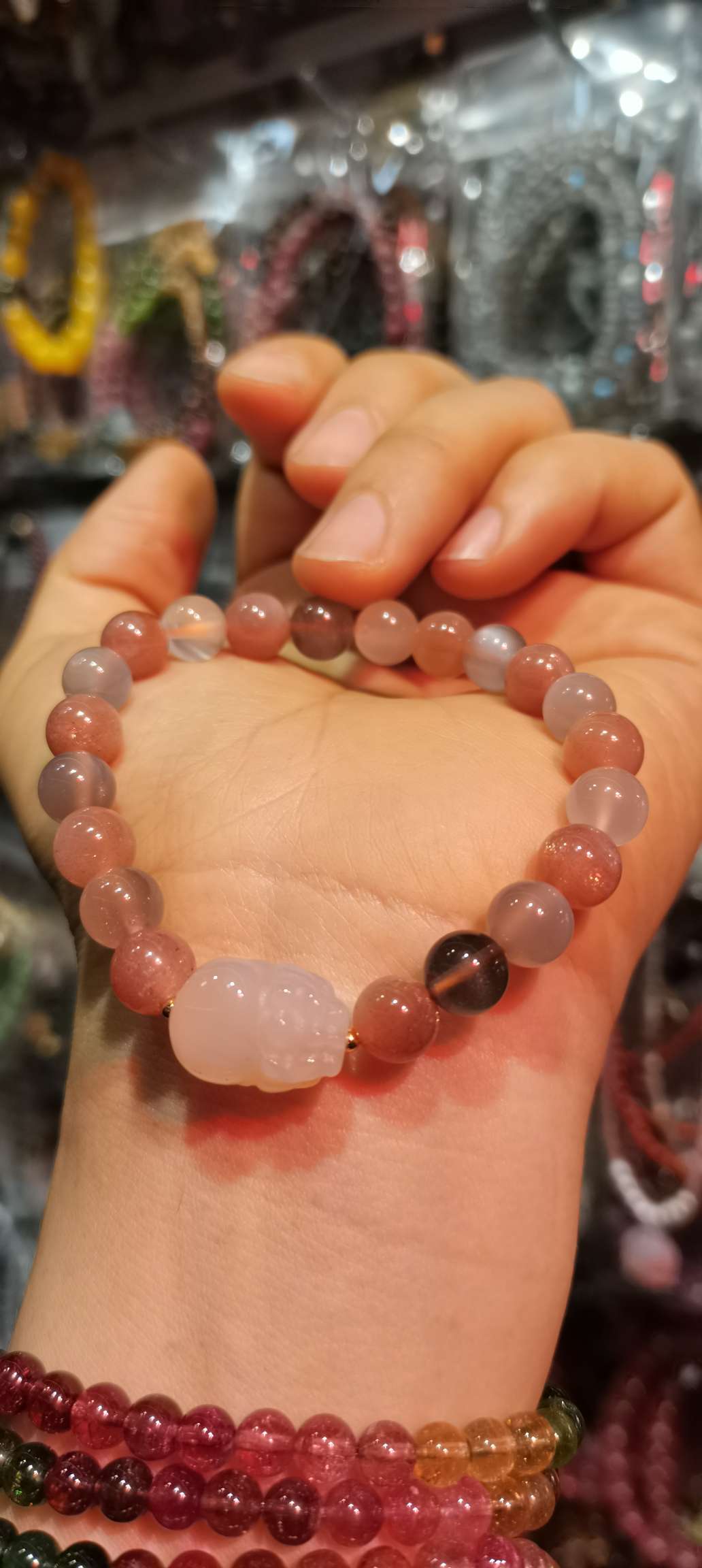 天然彩太阳石，搭配貔貅手串，现货供应，厂价直销项链国潮系列