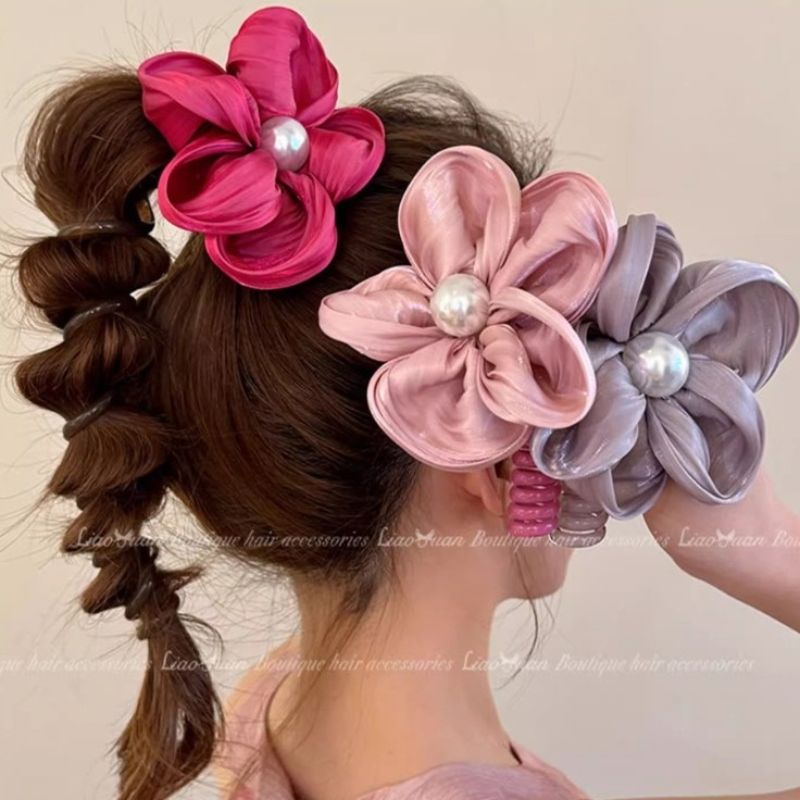 Summer beach-style large flower, colorful straight telephone line hair tie, ponytail hair tie, women's 2024 new high-end leather band hair tie and hair tie details Picture