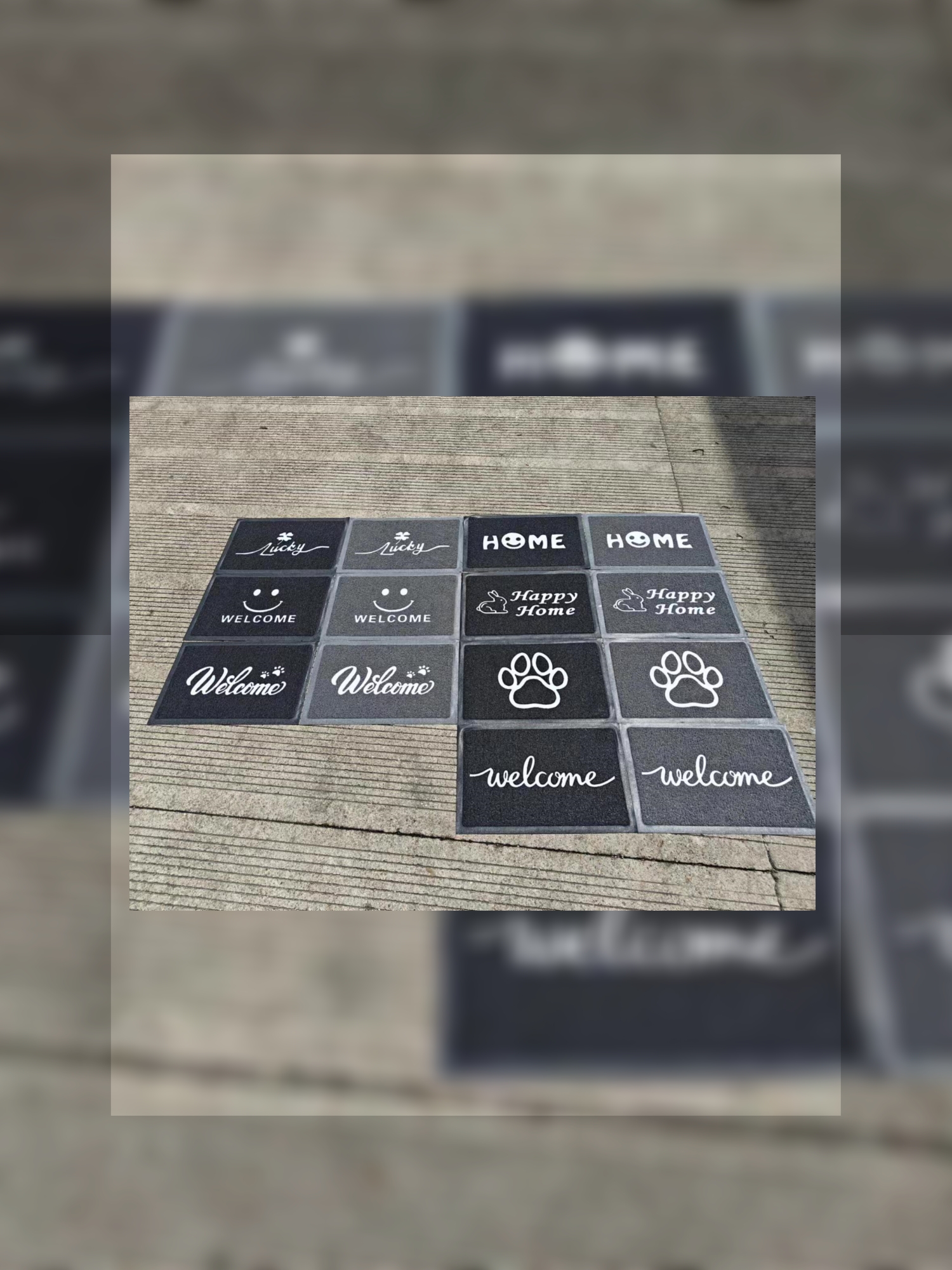 Thin black and gray brushed embossed anti-slip mat, floor mat, foot mat, anti-slip mat, door mat, bathroom mat, PVC floor mat for export. Product with various patterns and styles, can be mixed or packed separately. Size: 38*58cm Item Picture