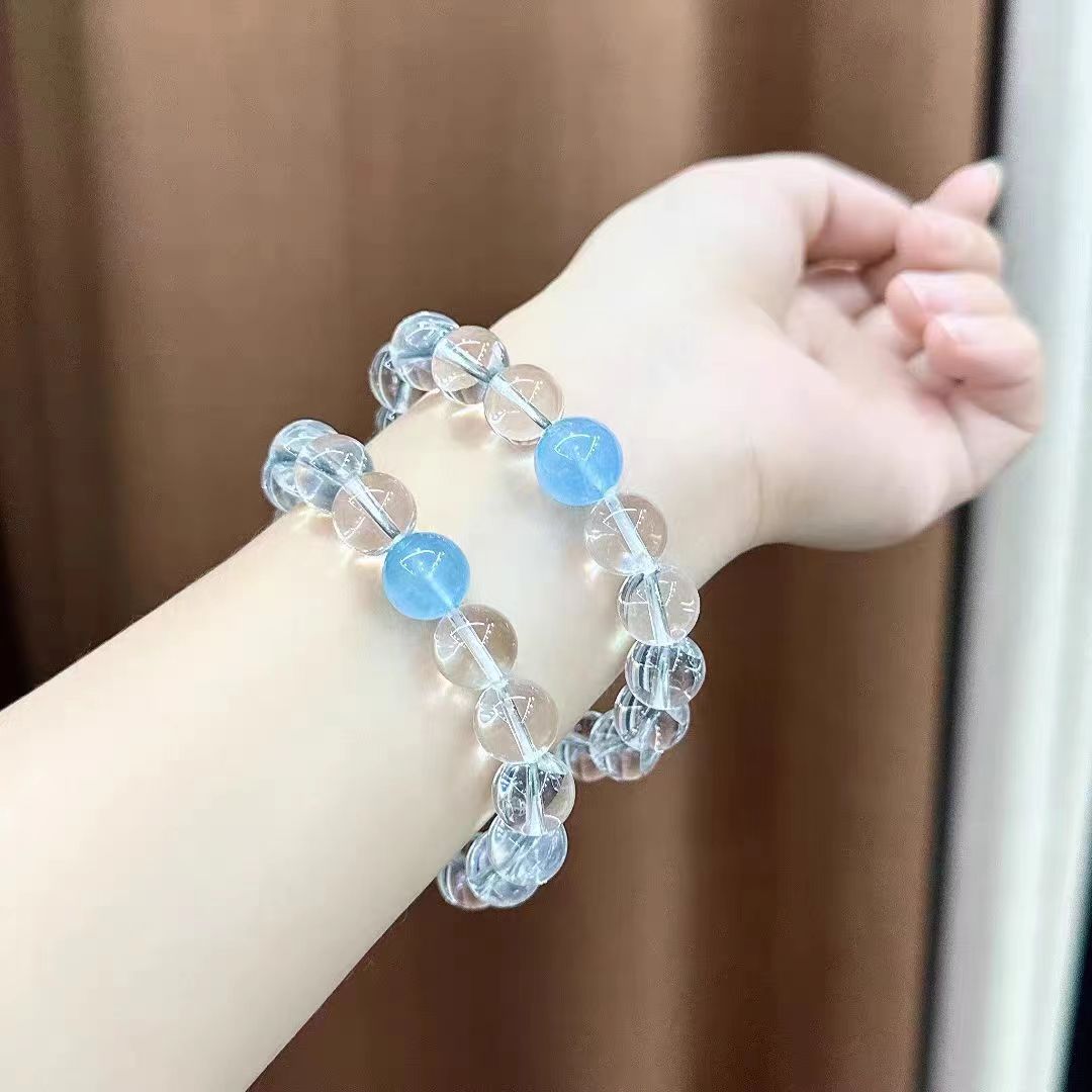 12mm白水晶搭配海蓝宝手串，正品天然手链珠链图