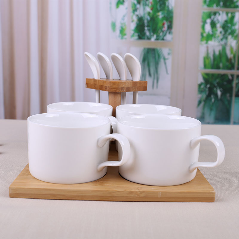 陶瓷杯咖啡杯具下午茶配糖罐新创意，4杯4小匙配架子，杯容量150毫升，配竹架