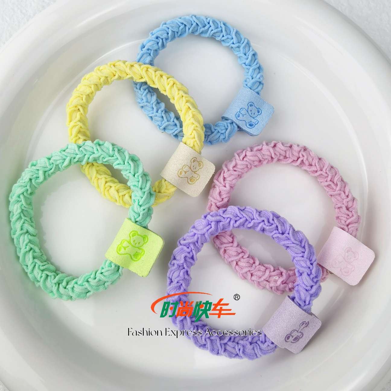 缤纷春夏流行色带皮标笑脸纯手工制作发圈皮筋发绳