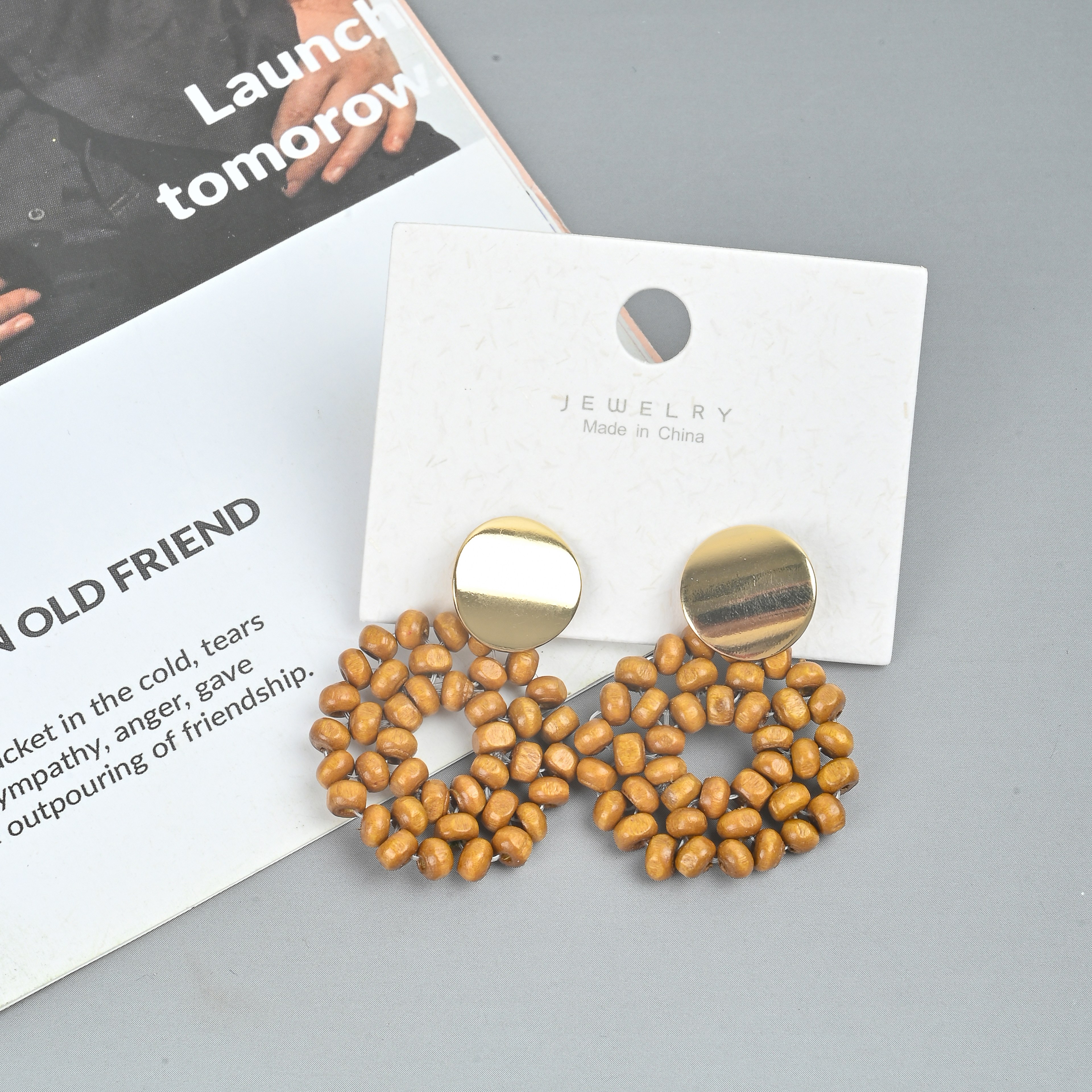 波西米亚几何编织木质耳环 欧美潮流不规则网红复古耳坠饰品